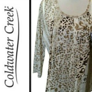 NWT KNIT TOP LEOPARD PRINT TAN WHITE 3/4 SLEEVE EMBELLISHED SZ L WOMEN LARGE